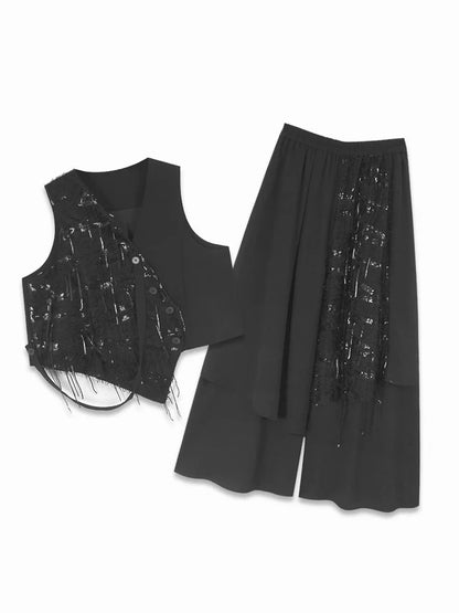 XITAO Asymmetric Patchwork Sequin Matching Set Casual Sleeveless Wide Leg Button Fashion Spring Women Dress Set HQQ2457