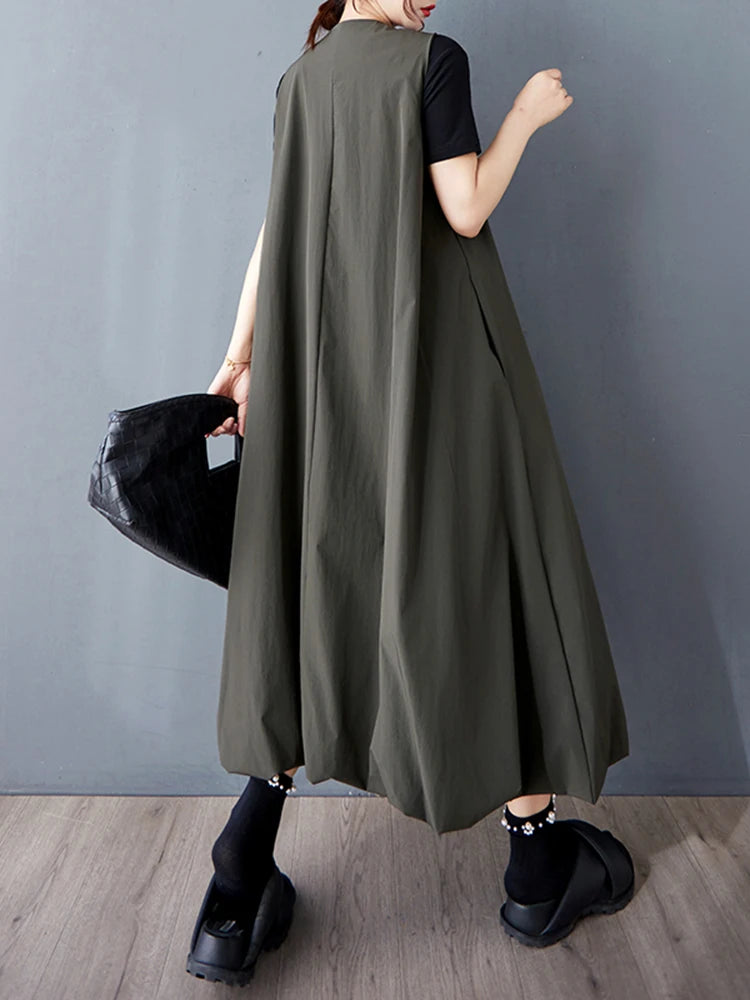 XITAO Bud Single Breasted V-neck Sleeveless Dress Casual Solid Color A-line Mid-calf New Leisure Summer Women Dress GYX1558