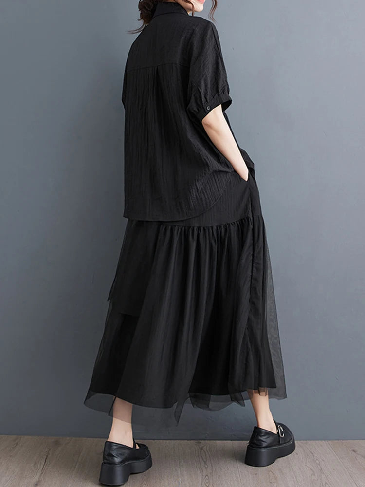 XITAO Patchwork Mesh Single Breasted Short Sleeve Lapel Matching Set Casual Solid Color A-line Elastic Waist Women Set GYX1576