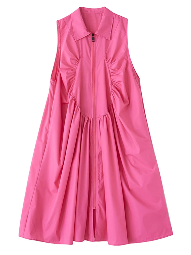 XITAO Zipper Pleated Lapel Dress Casual Sleeveless Solid Color Turn-down Collar A-line New Patchwork Summer Female Dress GYX1549