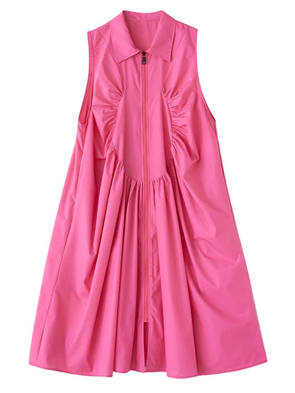 XITAO Zipper Pleated Lapel Dress Casual Sleeveless Solid Color Turn-down Collar A-line New Patchwork Summer Female Dress GYX1549