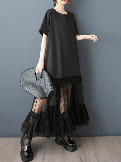 XITAO Patchwork Gauze Pleated Female Dress Loose O-neck Casual Short Sleeve Simple Slimming All-match Summer Woman Dress ZMY1287