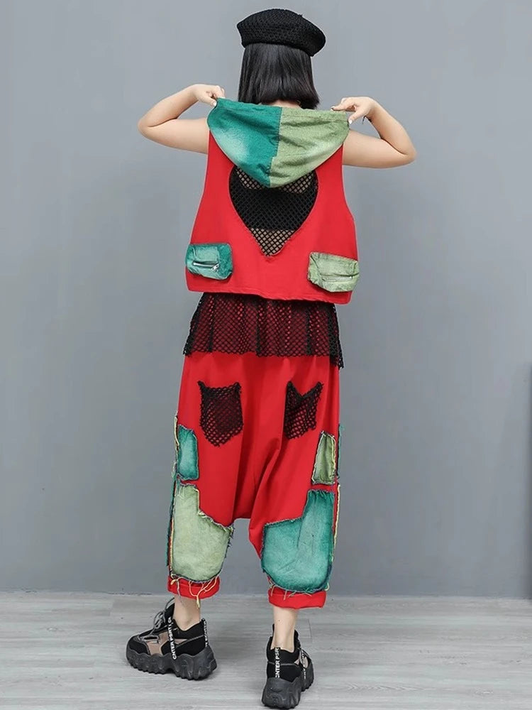 XITAO Patchwork Pocket Contrast Color Hooded Matching Set Casual Loose Fitting Elastic Waist Personality Women Sets GYX1650
