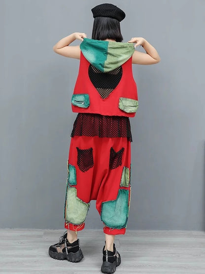 XITAO Patchwork Pocket Contrast Color Hooded Matching Set Casual Loose Fitting Elastic Waist Personality Women Sets GYX1650