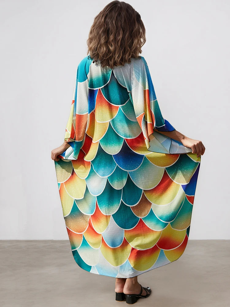XITAO Side Slit Bat Wing Sleeve Dress Print V-neck Pullover A-line Personality Loose Summer Woman Ankle-length Dress GJ1192