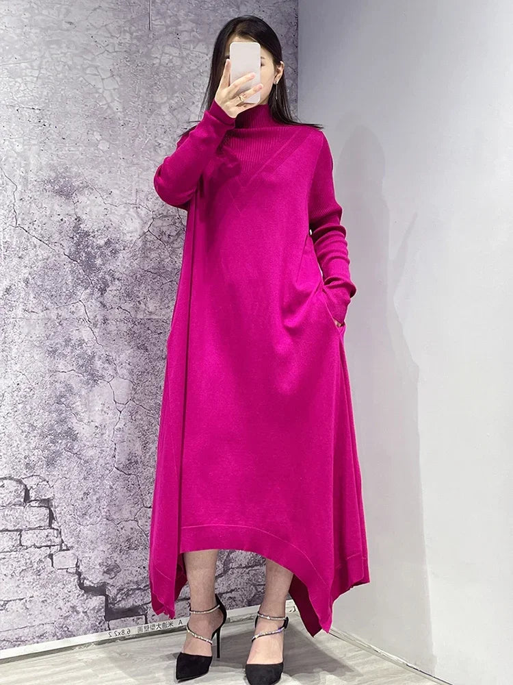XITAO Knitting Dress Solid Color Casual Long Sleeve Turtleneck Pullover Women Sweater Dress 2023 Spring Autumn All-match WMD3457