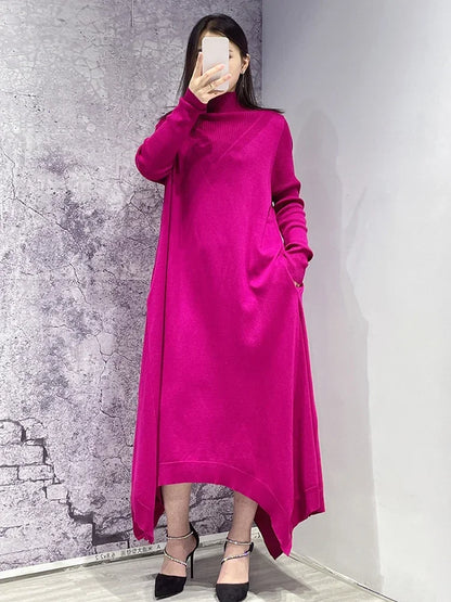 XITAO Knitting Dress Solid Color Casual Long Sleeve Turtleneck Pullover Women Sweater Dress 2023 Spring Autumn All-match WMD3457