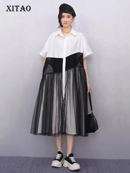 XITAO Contrast Color Hollow Out Patchwork Gauze Dress Turn-down Collar Short Sleeve Single Breasted Loose Casual Dress GYX1617