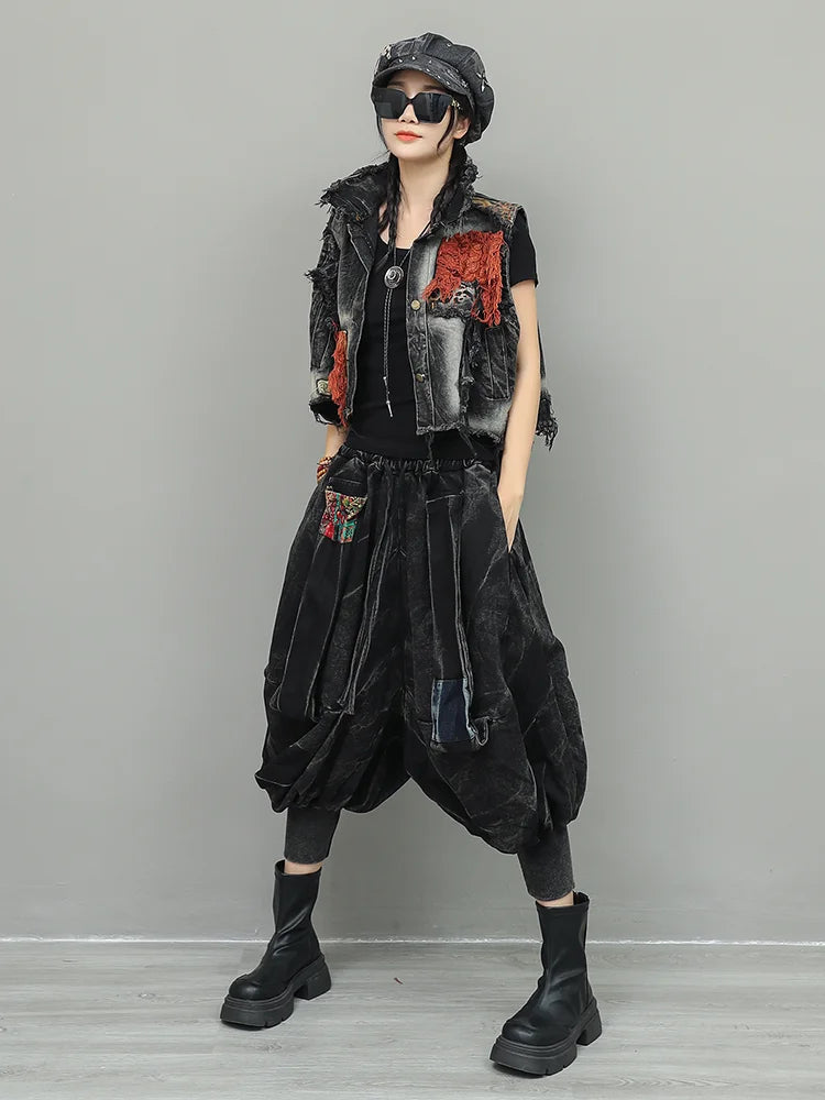 XITAO Personalized Trendy Vintage Denim Sets Short Vest Small Leg Lantern Pants Women's Autumn Loose and Stylish Set GJ1215