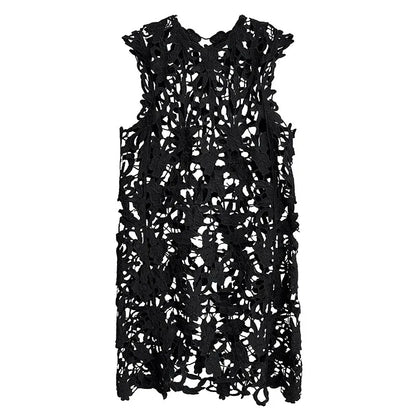 XITAO Hollow Out O-neck Sleeveless Dress Casual Solid Color French Style A-line Vintage Lace New Summer Female Dress GYX1553