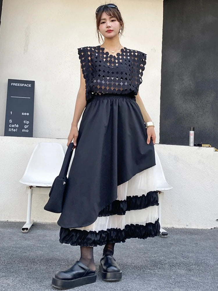 XITAO Vintage Mesh Patchwork Skirt Fashion All-match Asymmetric Women Loose Korea Trend Elastic Waist A-line Skirt GYX1612