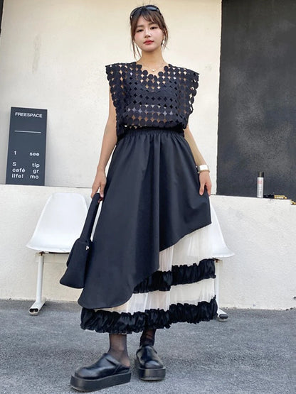 XITAO Vintage Mesh Patchwork Skirt Fashion All-match Asymmetric Women Loose Korea Trend Elastic Waist A-line Skirt GYX1612