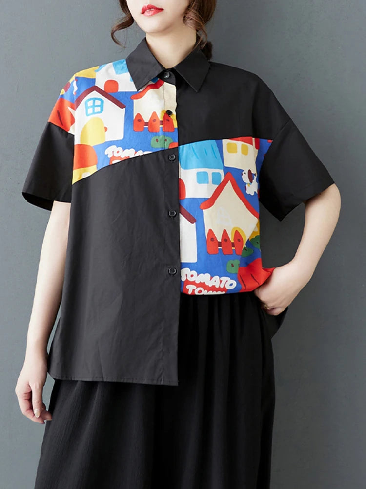 XITAO Patchwork Cartoon Half Sleeve Shirt Casual Turn-down Collar Simple Single Breasted Elegant Summer Female Blouse GYX1533