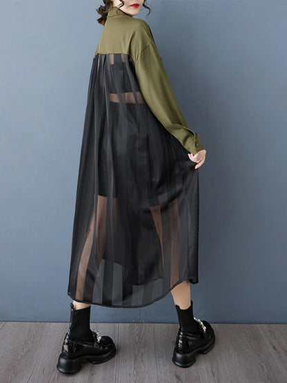 XITAO Patchwork Mesh Full Sleeve Single Breasted Dress Casual Solid Color Temperament A-line Turn-down Collar Dress GYX1567
