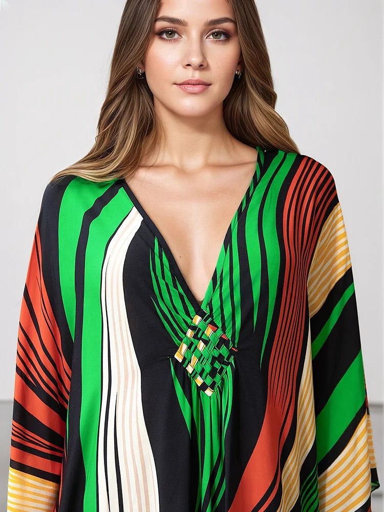 XITAO Contrast Color Striped Loose Dress V-neck Pullover Print Side Slit Casual Slimming Summer Simple Summer Woman Dress GJ1184