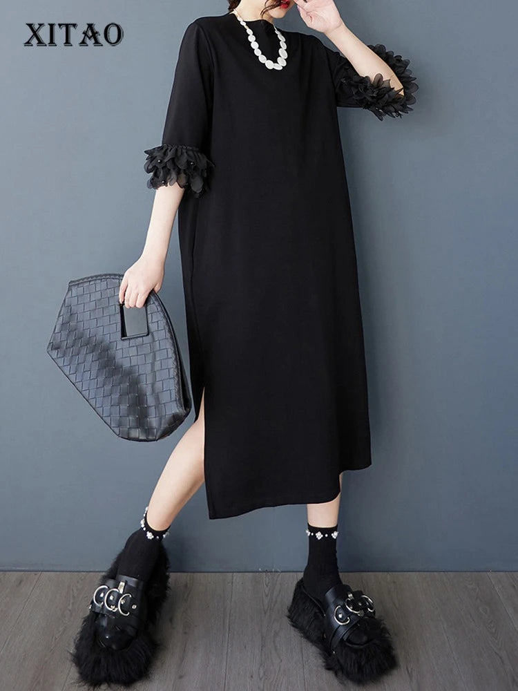 XITAO Loose Fashion Vintage Female Dress Personality Mesh Patchwork Goddess Fan Women Temperament Simple A-line Dress ZMY1063