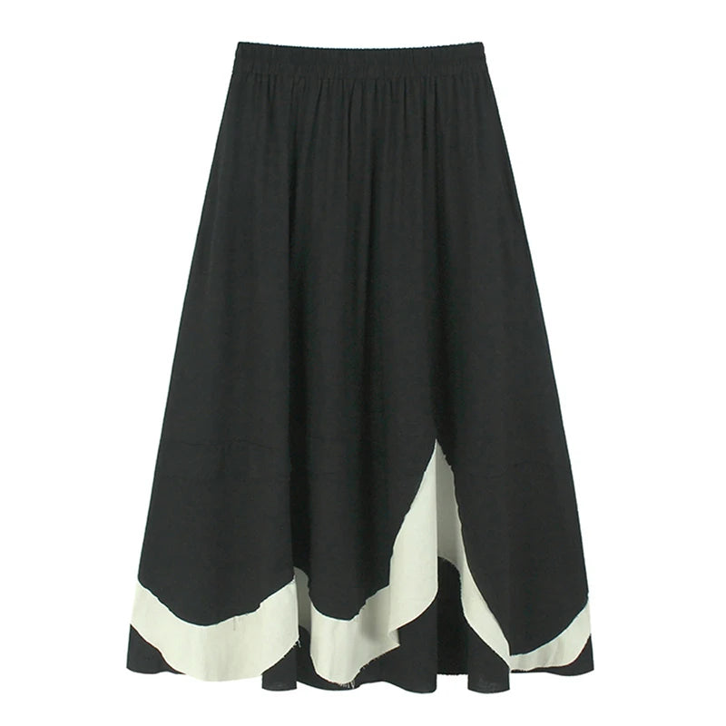 XITAO Contrast Color Patchwork Pocket Asymmetrical Skirt Elastic Waist Loose Slimming Casual A-line Mid-calf Skirt HQQ2447