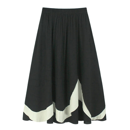 XITAO Contrast Color Patchwork Pocket Asymmetrical Skirt Elastic Waist Loose Slimming Casual A-line Mid-calf Skirt HQQ2447