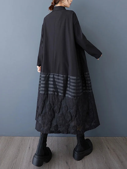XITAO Striped Patchwork Black Dress Turn-down Collar Single Breasted Full Sleeve Temperament Slimming All-match Dress ZY8947