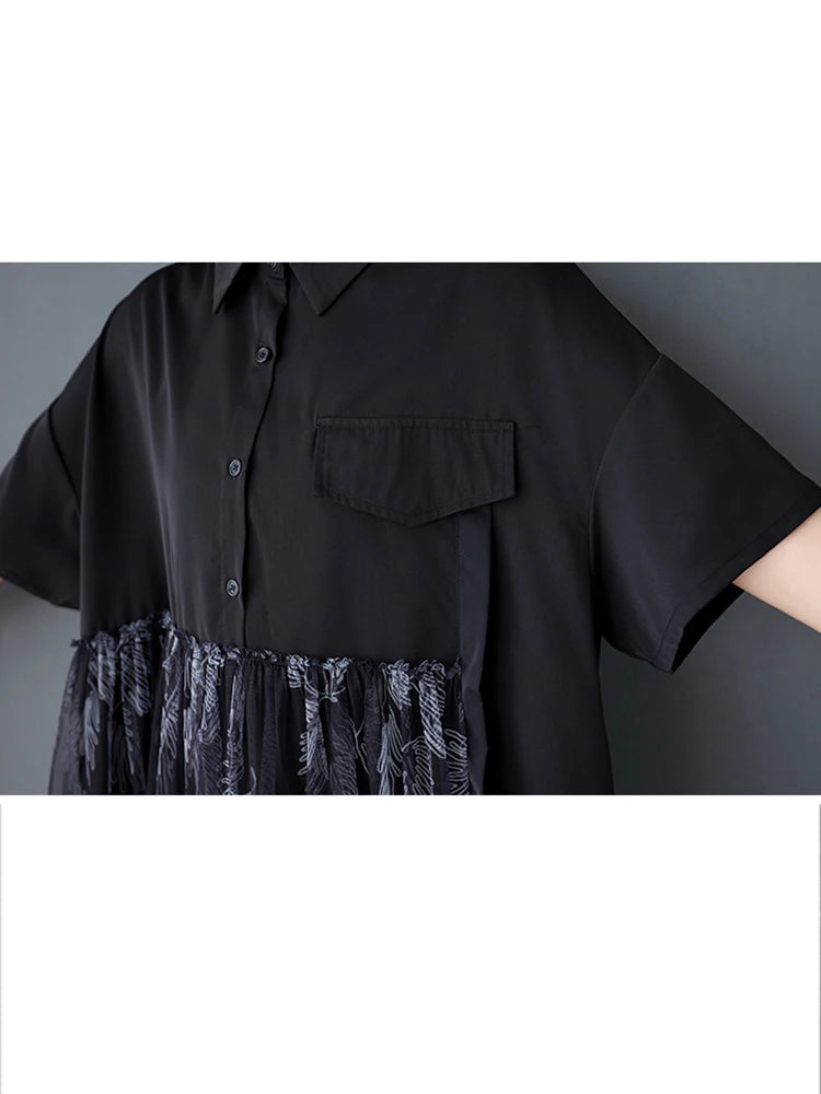 XITAO Patchwork Mesh Single Breasted Dress Casual Loose Fitting Short Sleeve Turn-down Collar New Arrival Female Dress GYX1630
