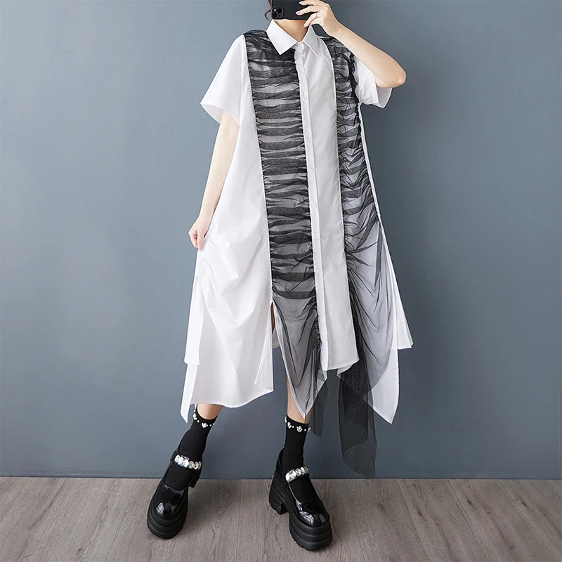 XITAO Asymmetric Pleated Mesh Single Breasted Dress Turn-down Collar Solid Color A-line Sweet Summer Women Dress GYX1625
