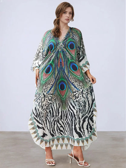 XITAO Female Print Ankle-length Dress Loose Bat Wing Sleeve Contrast Color Fashion Personality V-neck Summer Woman Dress GJ1163