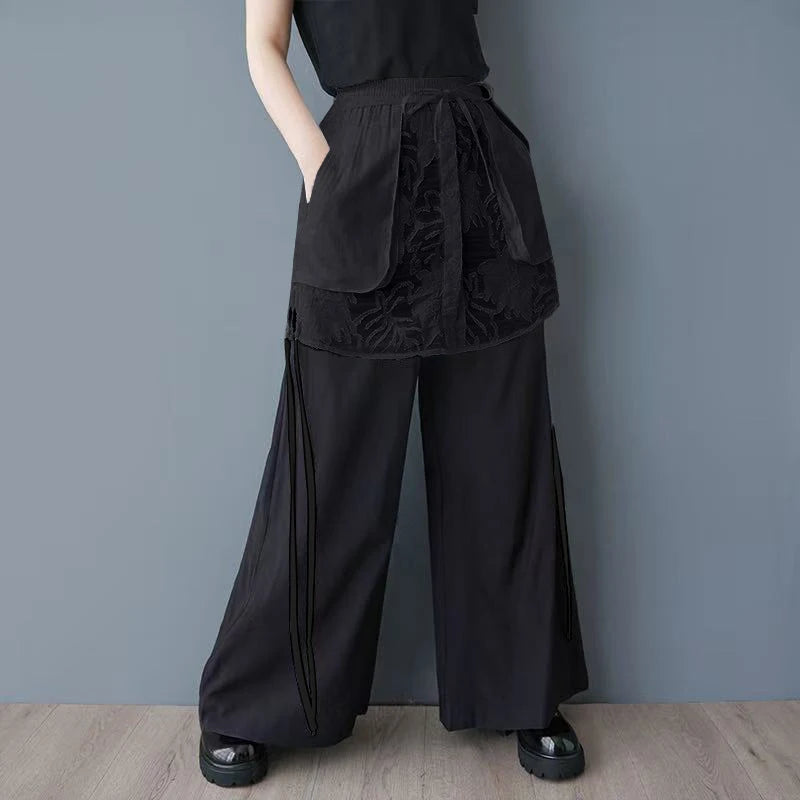 XITAO Patchwork Mesh Contrast Color Pant Casual Loose Wide Leg Fitting New Pocket Fashion Lace Spring Female Pant GYX1586