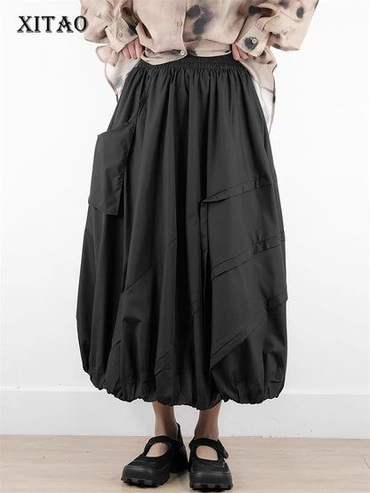XITAO Pocket Patchwork Elastic Waist A-line Skirt Solid Color Folds Slimming All Match Loose Casual Summer Women Skirt ZMY1167