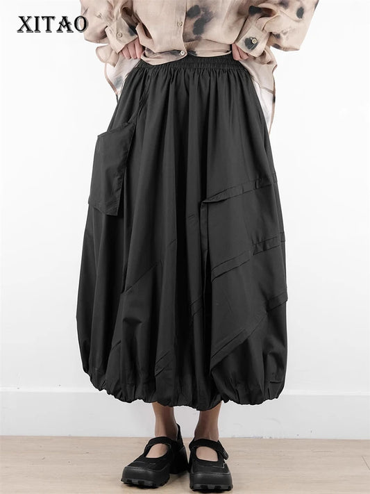 XITAO Pocket Patchwork Elastic Waist A-line Skirt Solid Color Folds Slimming All Match Loose Casual Summer Women Skirt ZMY1167
