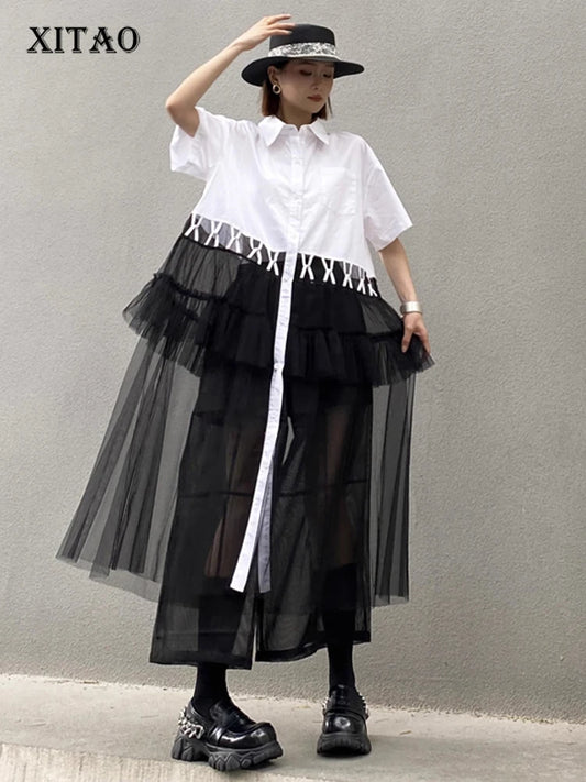 XITAO Mesh Single Breasted Turn-down Collar Dress Casual Slimming A-line Patchwork Short Sleeve Summer Women Dress ZMY1073