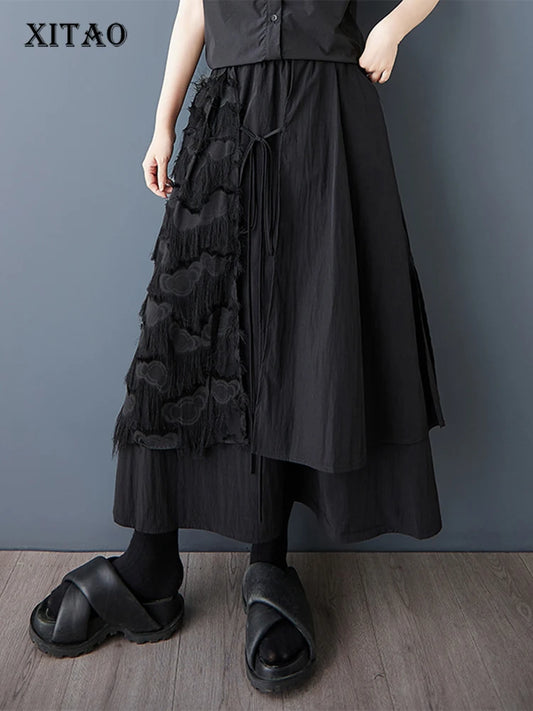 XITAO Gauze Patchwork Bandage Solid Color Skirt Pocket Elastic Waist Loose A-line Mid-calf Temperament Casual Skirt HQQ2463