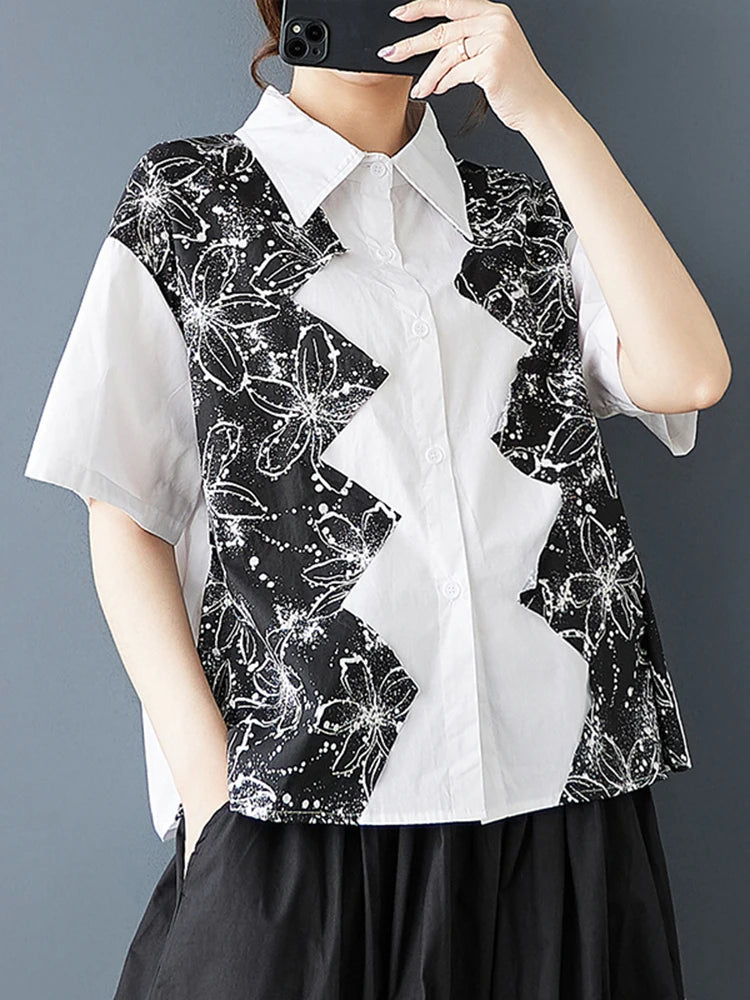 XITAO Patchwork Contrast Color Single Breasted Shirt Casual Loose New Arrival Turn-down Collar Personality Summer Blouse HQQ2459