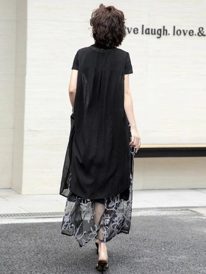 XITAO Asymmetrical Pocket Embroidery Sets Two-piece Turn-down Collar Short Sleeve Gauze Loose Elastic Waist Woman Sets ZMY1291
