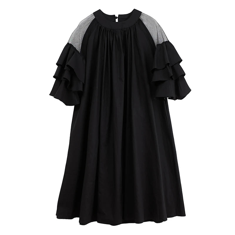 XITAO Mesh Patchwork O-neck Female Loose Dress Slimming A-line Simple Solid Color Women Temperament Elegant Dress ZMY1047