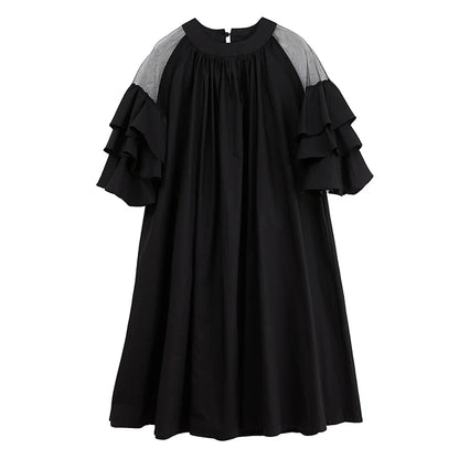 XITAO Mesh Patchwork O-neck Female Loose Dress Slimming A-line Simple Solid Color Women Temperament Elegant Dress ZMY1047