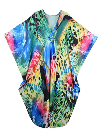 XITAO Female Contrast Color Female Dress Leopard Print V-neck Bat Wing Sleeve Vintage Personality Summer Woman Dress GJ1181