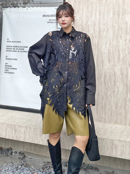 XITAO Hollow Out Patchwork Lace Lapel Women Shirt Casual Turn-down Collar Full Sleeve Fashion Spring Female Blouse GYX1614