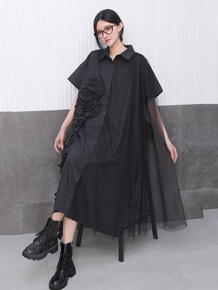 XITAO Three-dimensional Decoration Patchwork Women Dress Gauze Split Contrast Color Turn-down Collar Slimming Dress GYX1645