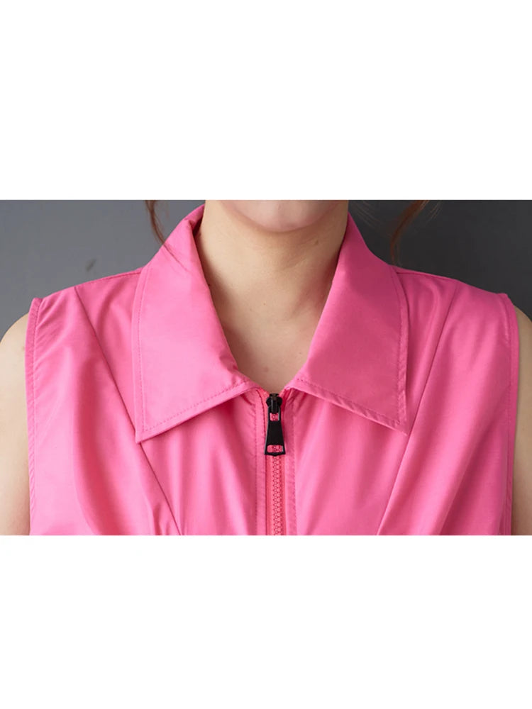 XITAO Zipper Pleated Lapel Dress Casual Sleeveless Solid Color Turn-down Collar A-line New Patchwork Summer Female Dress GYX1549