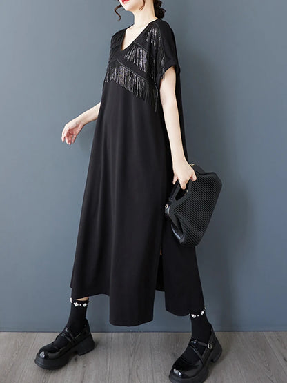 XITAO Tassel Patchwork V-neck Pullover Dress Solid Color Short Sleeve Pocket Side Split Temperament Slimming Women Dress ZMY1350