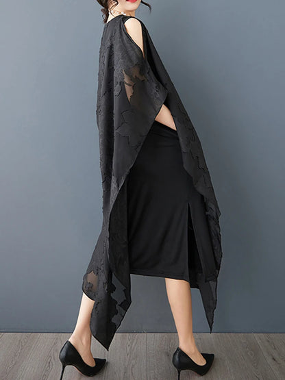 XITAO Asymmetrical Side Split Hollow Out Fold Women Dress Gauze Patchwork O-neck Pullover Loose Mid-calf Casual Dress ZMY1048