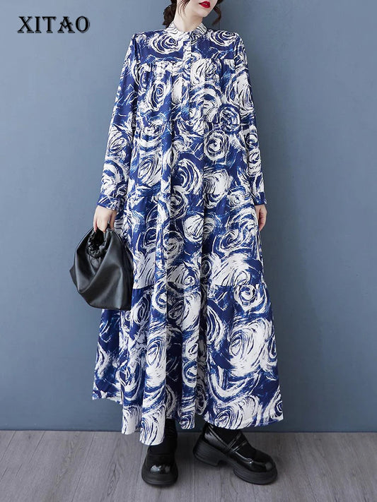 XITAO Contrast Color Print Patchwork Stand Collar Dress Long Sleeve Pullover Loose Mid-calf Casual Slimming Dress HQQ2469