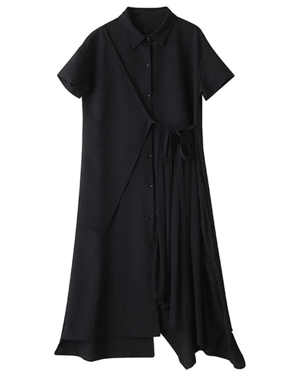 XITAO Irregular Solid Color Pleated Dress Drawstring Turn-down Collar Short Sleeve Slimming All-match Temperament Dress ZY8943