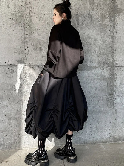 XITAO Loose Irregular Folds Skirt Street Trendy Asymmetric A-line Women Solid Color All-match Elastic Waist Skirt GMM1323