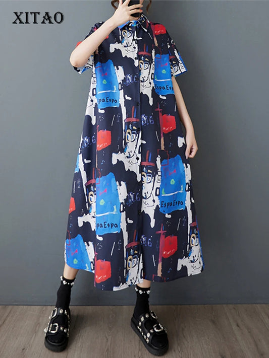 XITAO Irregular Print Loose Female Shirt Dress Personality Korea Women Summer New Casual Short Sleeve Slimming Dress ZMY1134