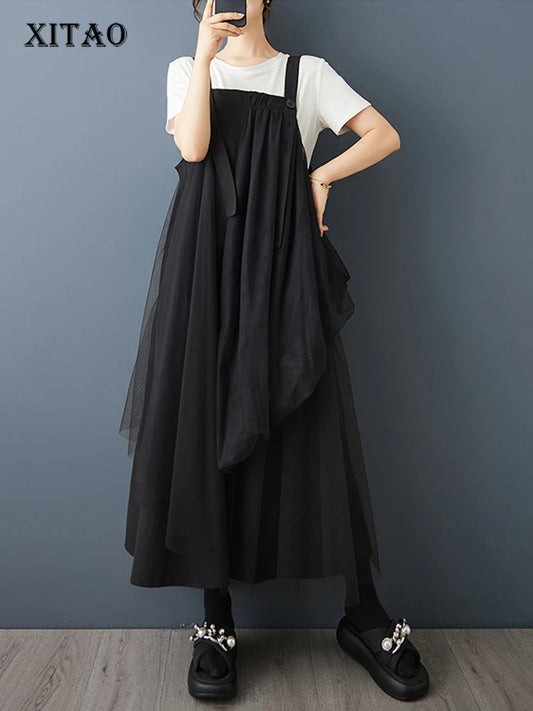 XITAO Gauze Irregular Solid Color Straps Dress Patchwork Turn-down Collar Sleeveless Casual Slimming Summer Woman Dress ZMY1295