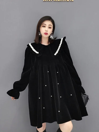 XITAO Vintage Mini Dress Fashion Silk Velvet Contrast Color Peter Pan Collar Women New Loose Large Size Pullover Dress GWJ2873