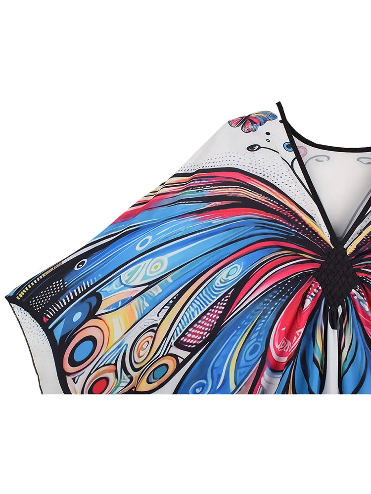 XITAO A-line Bat Wing Sleeve Print Dress Contrast Color Fashion Loose V-neck Vintage Slimming Casual Summer Woman Dress  GJ1170