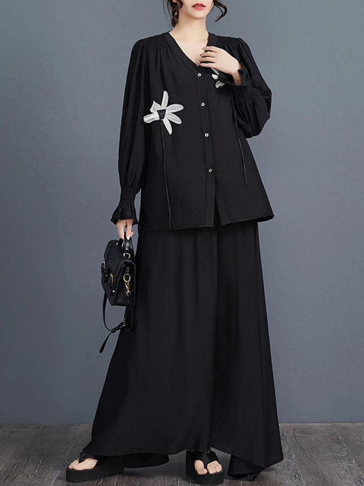 XITAO Flower Single Breasted V-neck Matching Set Casual Solid Color Full Sleeve Loose Fitting Elastic Waist Women Set GYX1632