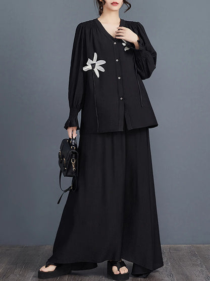 XITAO Flower Single Breasted V-neck Matching Set Casual Solid Color Full Sleeve Loose Fitting Elastic Waist Women Set GYX1632